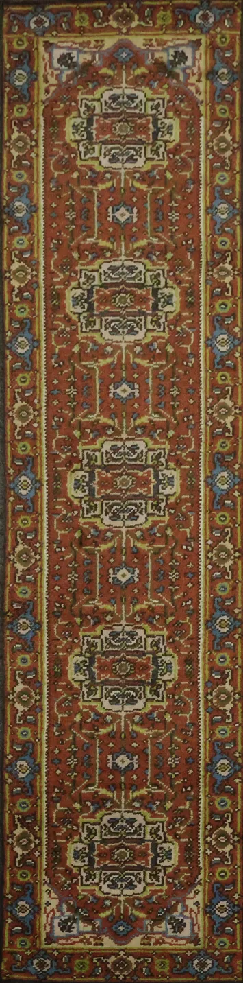 Heriz Serapi Hand-Knotted Oriental Runner Rug - 3x10 Wool Gallery Rug 10' 1'' X 2' 6''