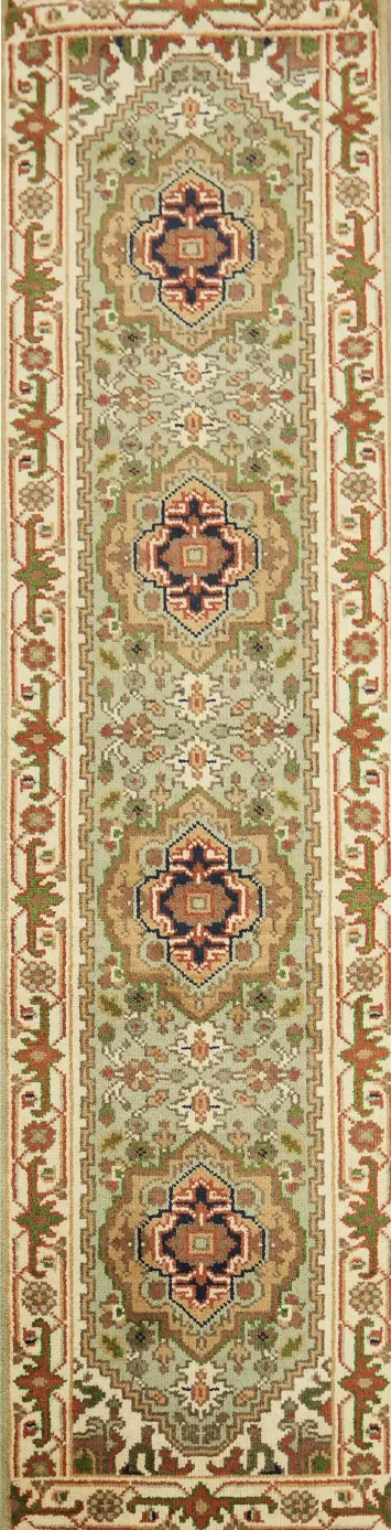 Green Traditional Geometric Pattern Heriz Serapi Runner 9' 9'' X 2' 6''