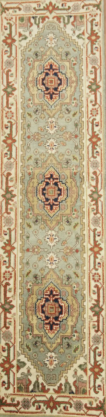 8 ft Sea-Foam Green Heriz Serapi Hallway Runner Rug  Wool 7' 9'' X 2' 5''