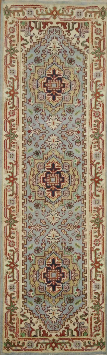 8 ft Runner Light Blue Hand-Knotted Heriz Serapi Runner Rug  Wool 8' 3'' X 2' 6''