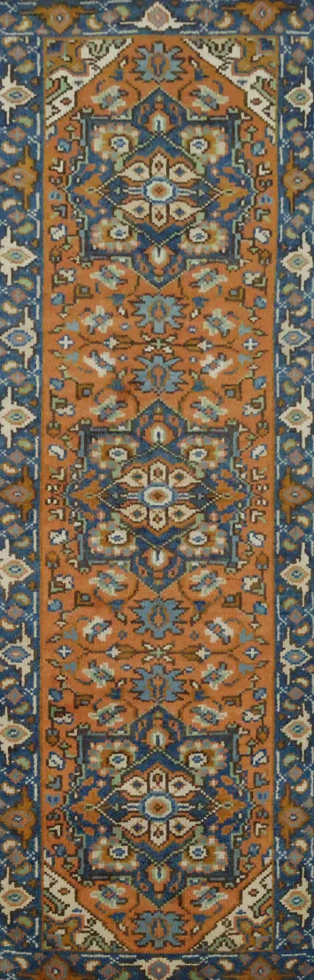 Rust and Blue Hand-Knotted Heriz Serapi Runner Rug - 3x8