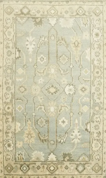 Elegant Floral Motif Rug in Soft Beige and Blue Hues 3'x5'