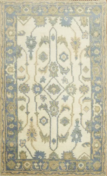 Classic Floral Motif Rug in Soft Blue and Cream Hues 3x5