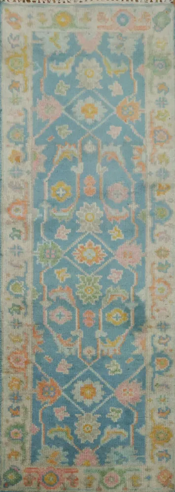 Soft Blue and Pink Ornate Oushak Runner Rug 6' 1'' X 2' 2''