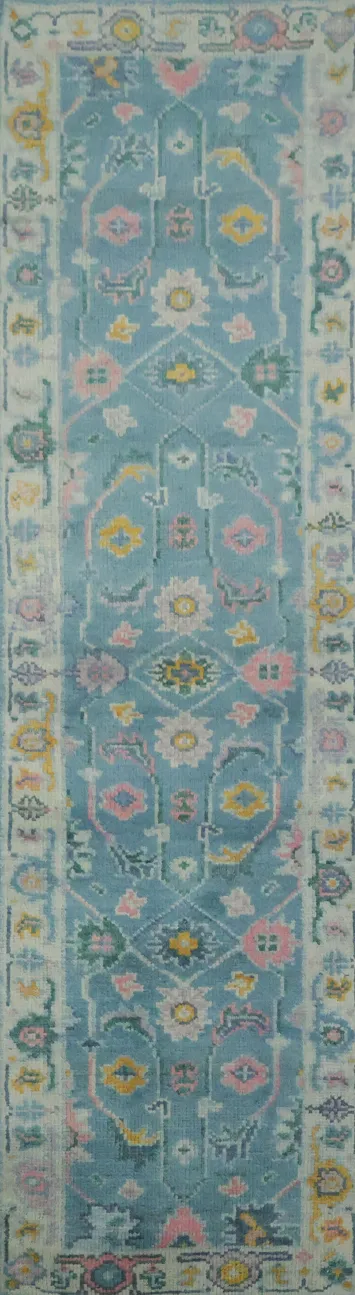 Pastel Flower Design Blue Oushak Narrow Runner Perfect for Hallways 2'x8'