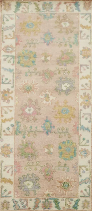 3'x6' Sof-Toned Pink Oushak Pastel Rug with Floral Motifs 5' 11'' x 2' 7''