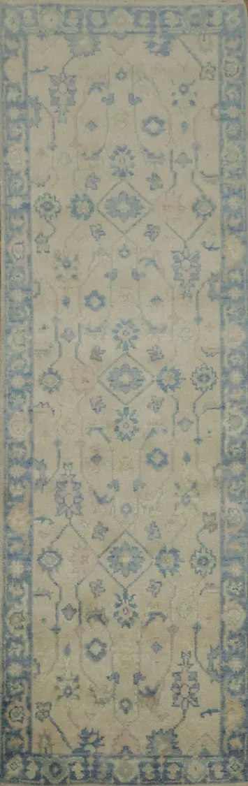 Artisan Runner Rug with Blue and Beige Traditional Motifs 3x8