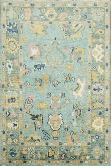 Elegant Aqua Oushak Wool Rug with Timeless Floral 4'x6'