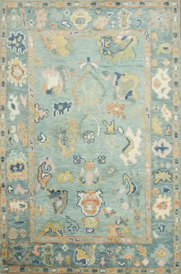 Elegant Turquoise Rug with Abstract Botanical Patterns 4x6 ft