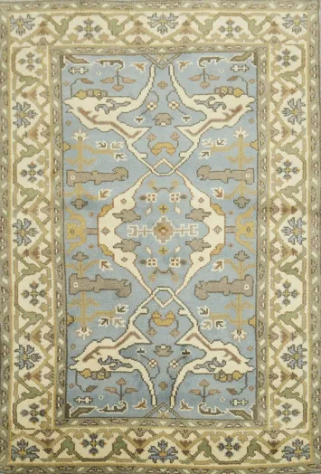 Richly Detailed Beige and Blue Traditional Rug 4x6