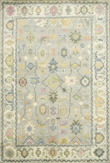 Pastel Grey and Pink Oushak Indian Hand-Knotted Rug 4'x6'