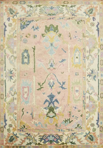 Soft Pink Pastel Traditional Oushak Hand-Knotted Wool Rug 6'x9'