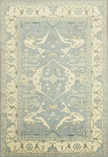 light Blue and Ivory Traditional Oushak Hand Made Area Rug 6x9