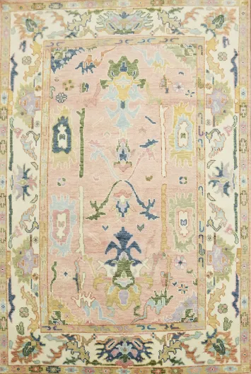Pink 6' x 9' Traditional Oushak Pastel Color Wool Area Rug