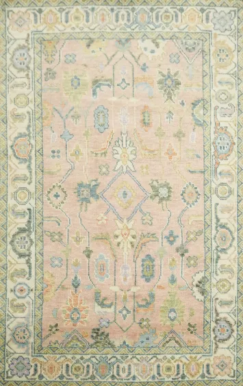 6'x9' Pink Traditional Oushak Area Rug in Subtle Pastel Hues and Motifs