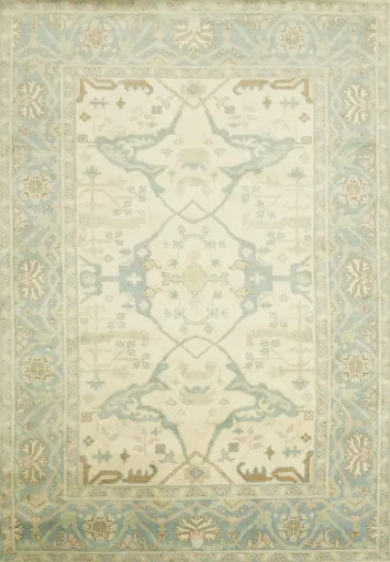 Muted Blue and Beige Oushak Traditional Wool Area Rug 6x9 ft