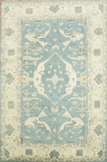 6'x9' Antique-Inspired Sky Blue Oushak Oriental Area Rug in Muted Tones