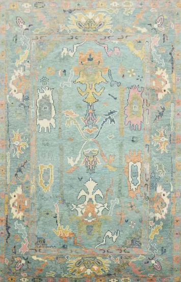 6'x9' Elegant Sky Blue Traditional Oushak Wool Rug with Classic Floral Patterns
