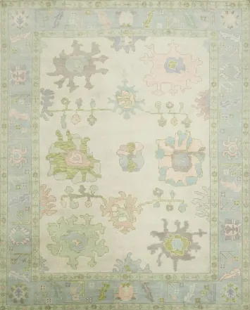 8'x10' Vintage-Inspired Mint Green Oushak Rug with Subtle Pastel Patterns
