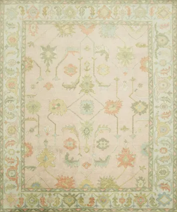 8'x10' Pink and Blue Pastel Tones: Hand-Knotted Rug with Floral Motifs