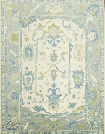 8x10 White and Aqua Blue Traditional Oushak Hand-Knotted Wool Area Rug 8x10