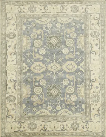 Sophisticated Vintage-Inspired Blue and Cream Oushak Hand-Knotted Rug 8'x10'