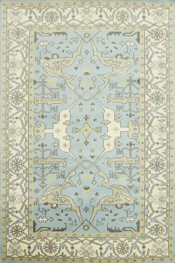 Light Blue and Green Traditional Oushak Hand-Knotted Wool Area Rug 6x9