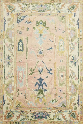 Elegant 6'x9' Pastel Toned Oushak Area Rug with Ornate Floral Motifs
