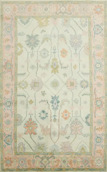Vintage Pastel Mint Green 6'x9' Floral Oushak Area Rug with Elegant Ornate Design