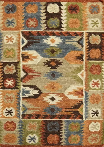 Hand-Woven Wool Kilim Rug 2x3 – Multi-Color Geometric Tribal Oriental Rug