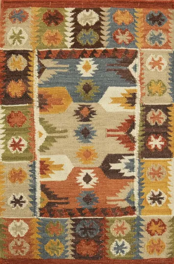 Hand-Woven Wool Kilim Rug 2x3 – Multi-Color Geometric Tribal Oriental Rug