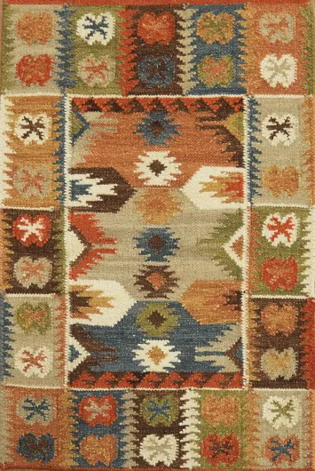 Hand-Woven Wool Kilim Rug 2x3 – Multi-Color Geometric Tribal Oriental Rug