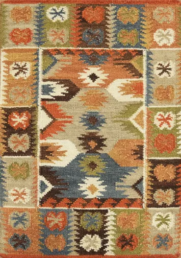Hand-Woven Wool Kilim Rug 2x3 – Multi-Color Geometric Tribal Oriental Rug