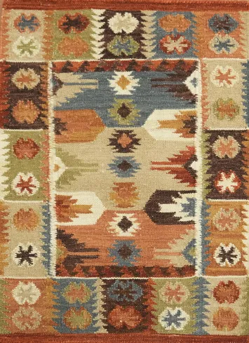 Hand-Woven Wool Kilim Rug 2x3 – Multi-Color Geometric Tribal Oriental Rug