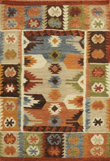2x3 Multicolored Tribal flat-Weave Kilim Rug with Abstract Shapes Pattern