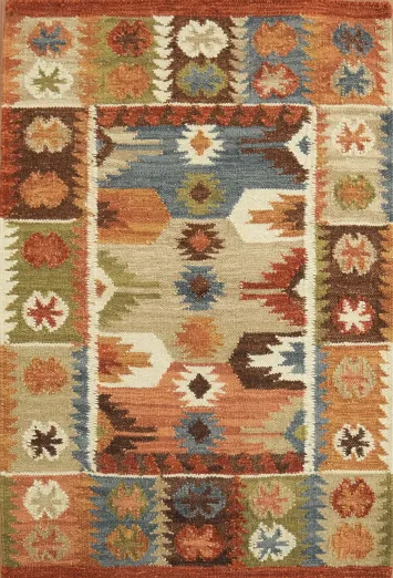 Hand-Woven Wool Kilim Rug 2x3 – Multi-Color Geometric Tribal Oriental Rug