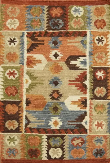 Hand-Woven Wool Kilim Rug 2x3 – Multi-Color Geometric Tribal Oriental Rug