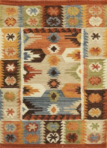 Hand-Woven Wool Kilim Rug 2x3 – Multi-Color Geometric Tribal Oriental Rug