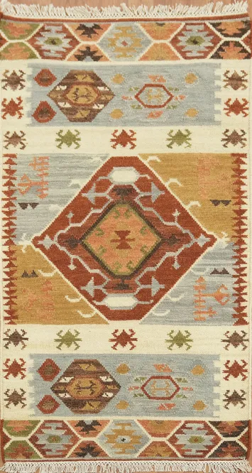 Hand Woven Geometric Kilim Oriental Rug 3x5 Tribal Wool Rug
