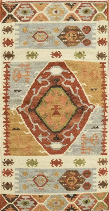 3'x5' Vintage-Inspired Multicolor Tribal Design Kilim Flat-Woven Accent Rug