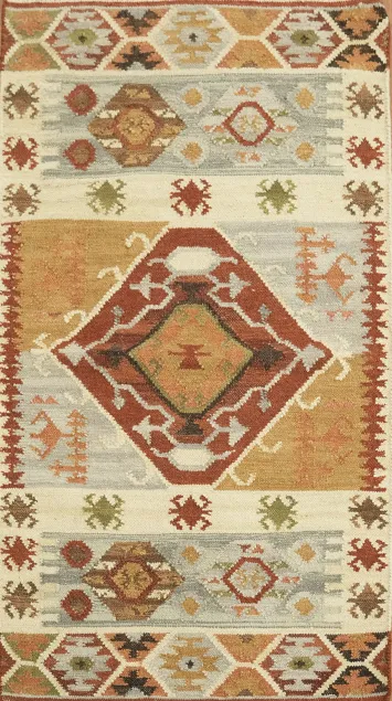 Vibrant Tribal Pattern Rug with Earthy Tones and Bold Geometric Designs 3x5