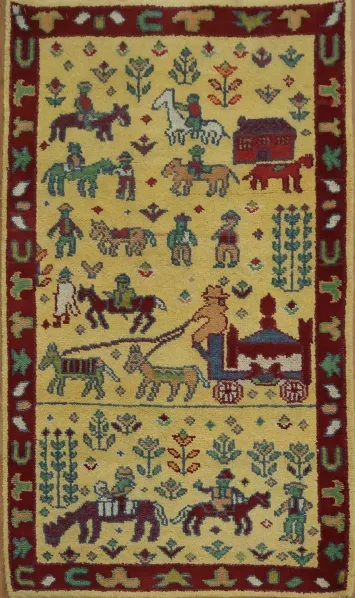 3x5 Art Deco Wool Rug - Tribal Hunting Scene with People & Animals