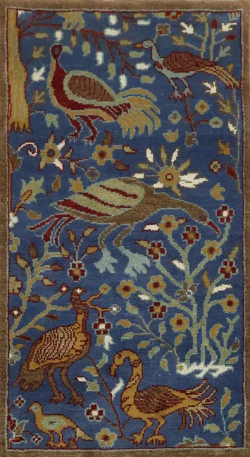 Navy Blue Bird and Trees Motif Ziegler Rug - 3x5 Hand-Knotted Wool