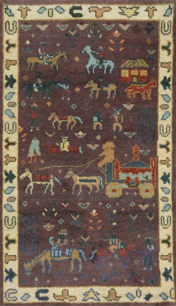 3x5 Art Deco Wool Rug - Tribal Hunting Scene with People & Animals