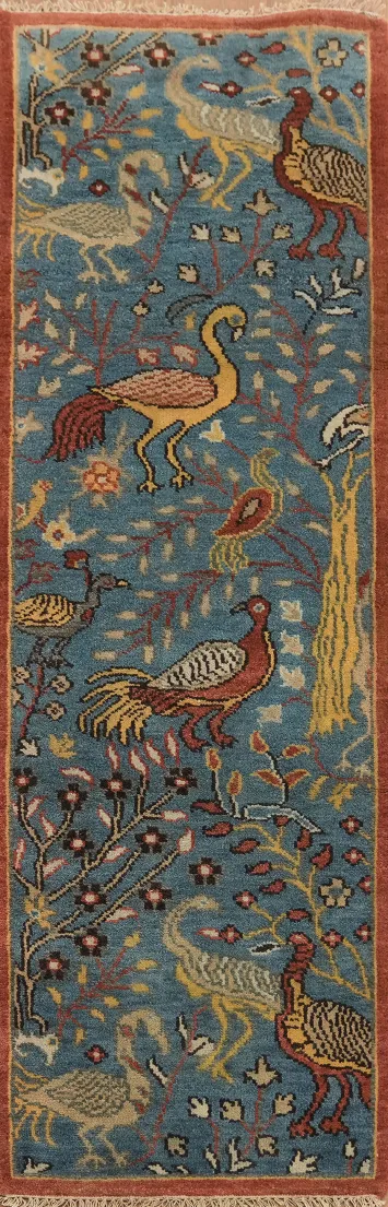 Vibrant Birds and Floral Design on Classic Blue Runner Rug 3'x8'
