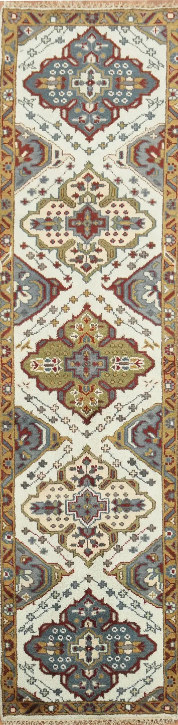Traditional Ivory and Blue Runner with Rich Geometric Motifs 10' 2'' X 2' 6''