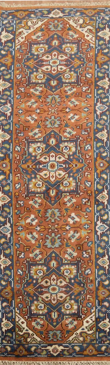 Traditional Orange and Blue Rug with Intricate Floral Design 2'x8'