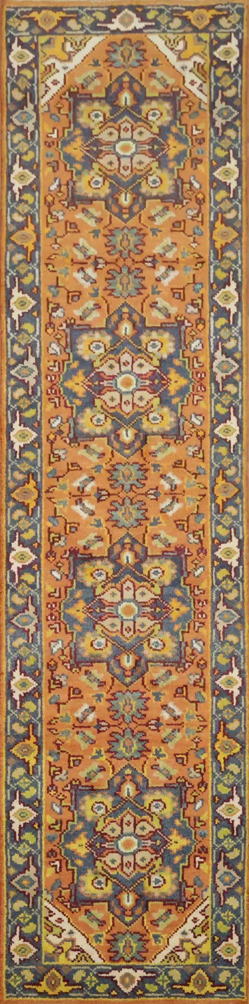 Vibrant Orange and Blue Traditional Heriz-Serapi Runner Rug 10' 1'' X 2' 6''