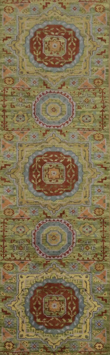 Traditional Green Runner Rug with Intricate Multi-Color Patterns 8' 0'' X 2' 6''