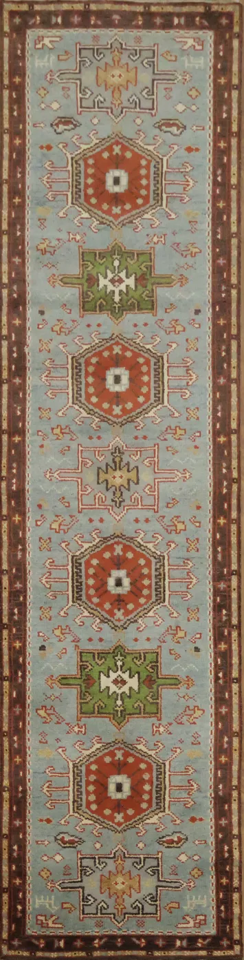 Geometric Patterned Light Blue Viss Wool Runner Rug 10' 2'' X 2' 7''